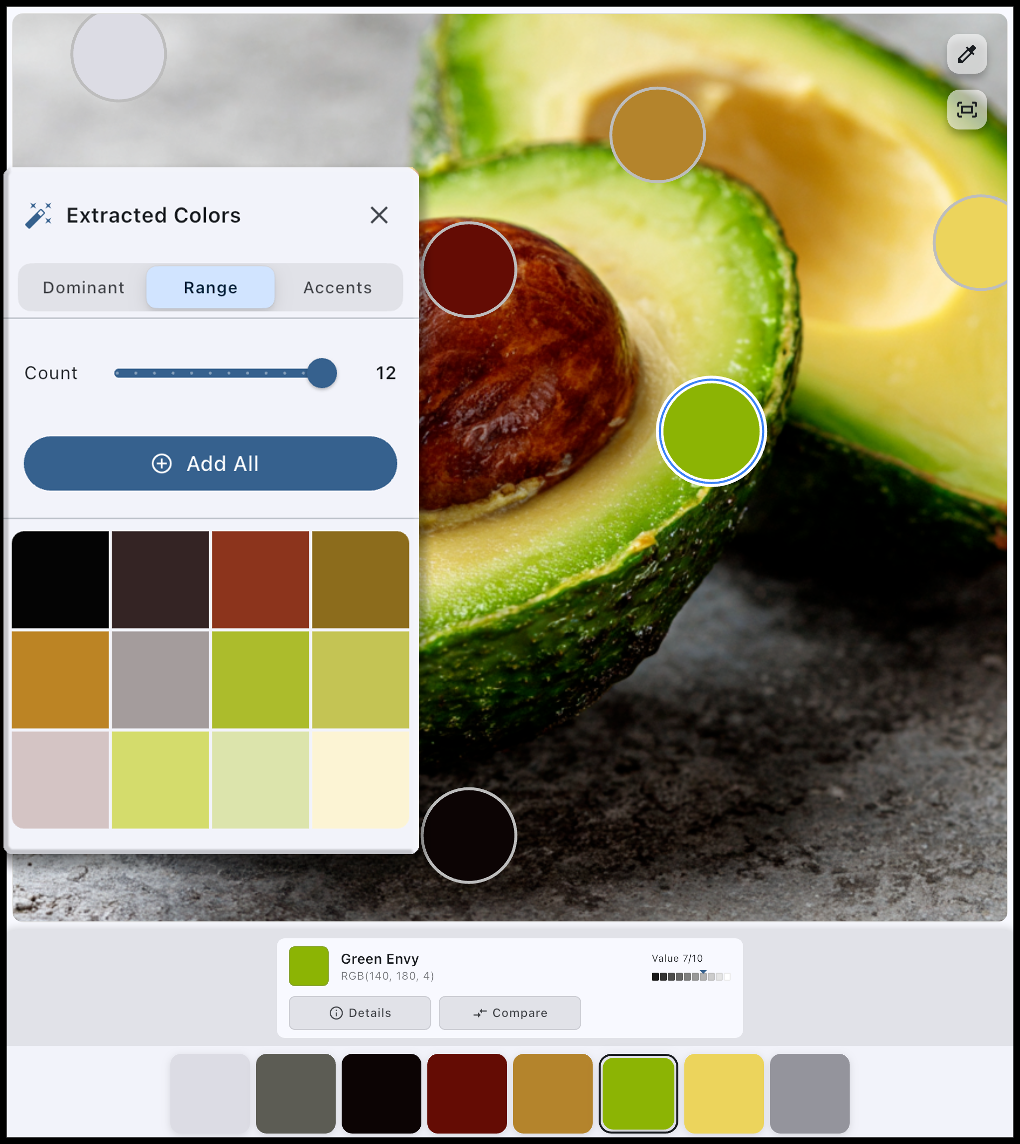 Color palette extracted from image with location markers