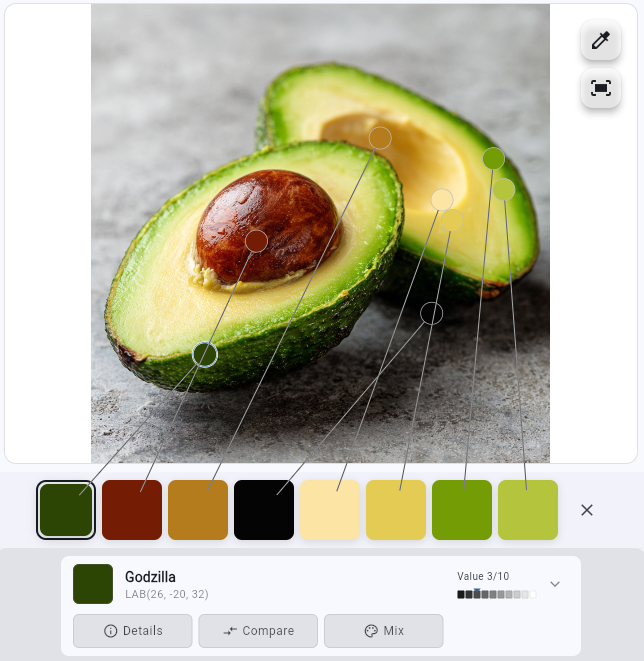 Color map showing extracted colors with location markers