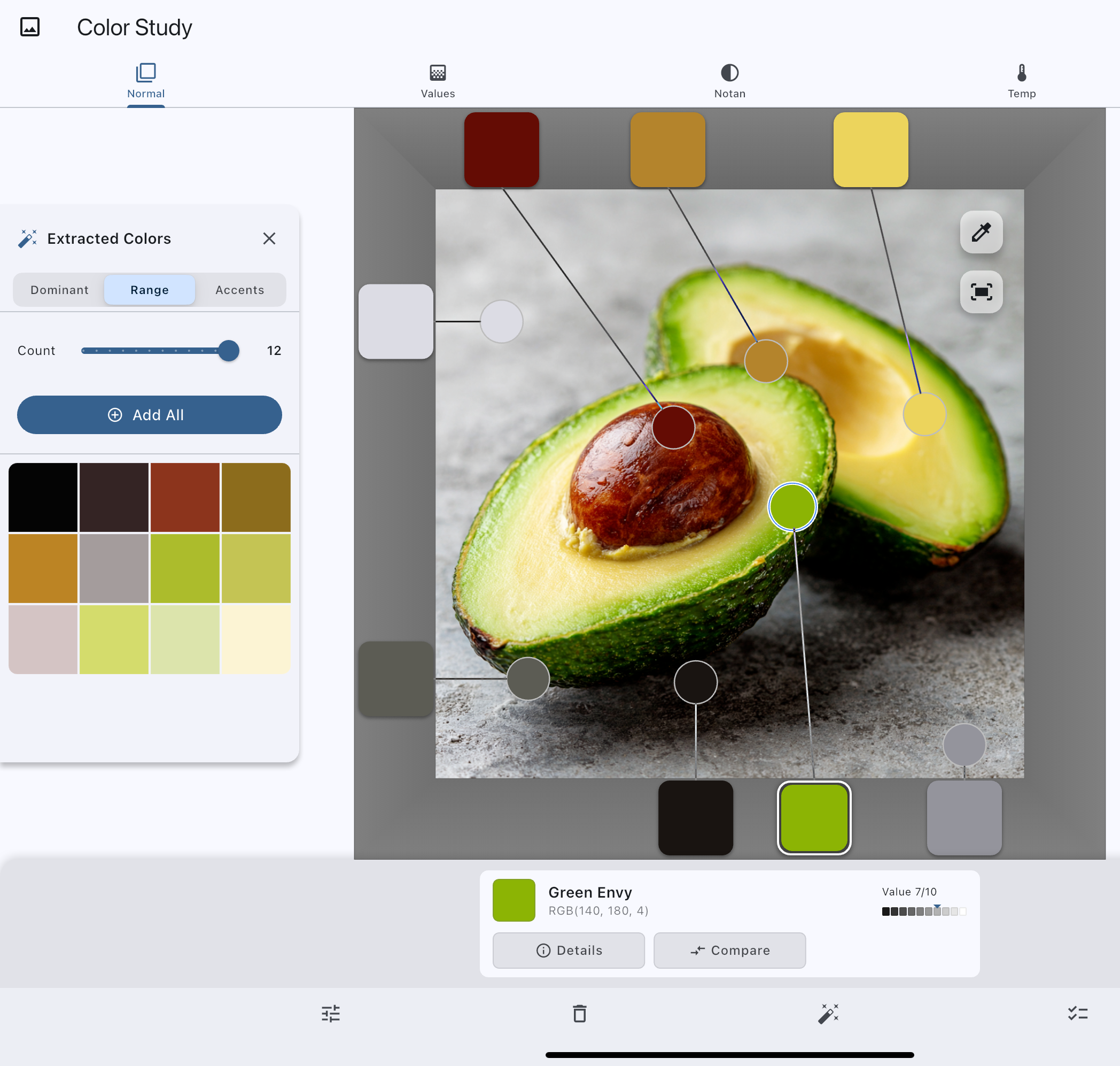 Color Study app showing color palette extraction, value map, and notan from a reference image
